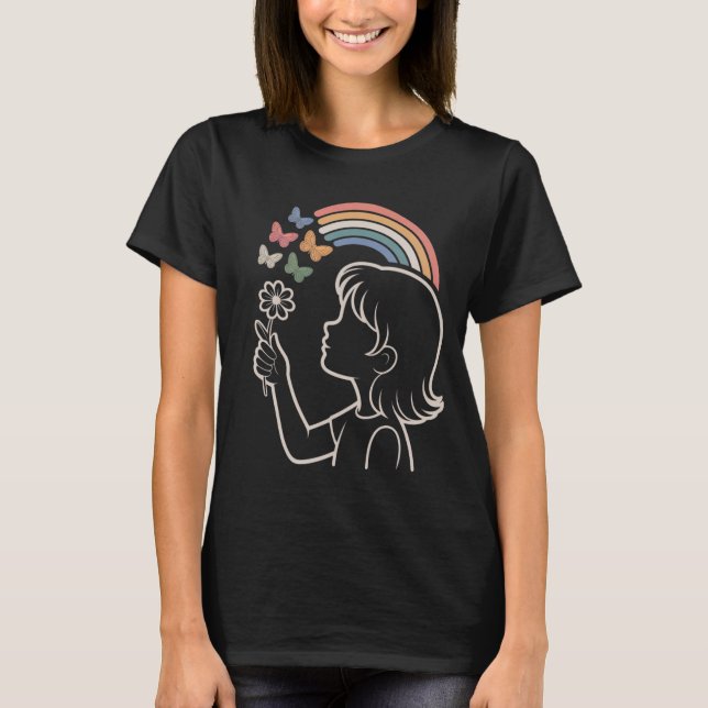 T-shirt Girl Silhouette Rainbow Butterfly Illustration (Devant)