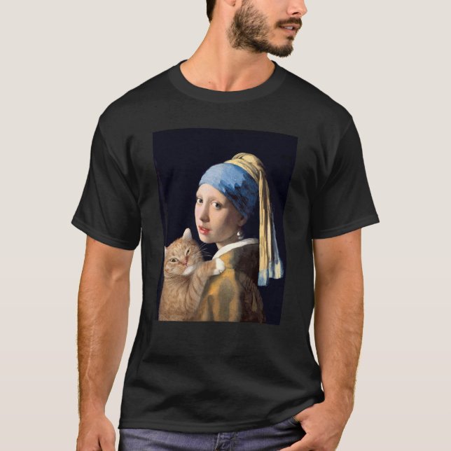 T-shirt Girl With A Pearl Earring With Orange Cat  Paintin (Devant)