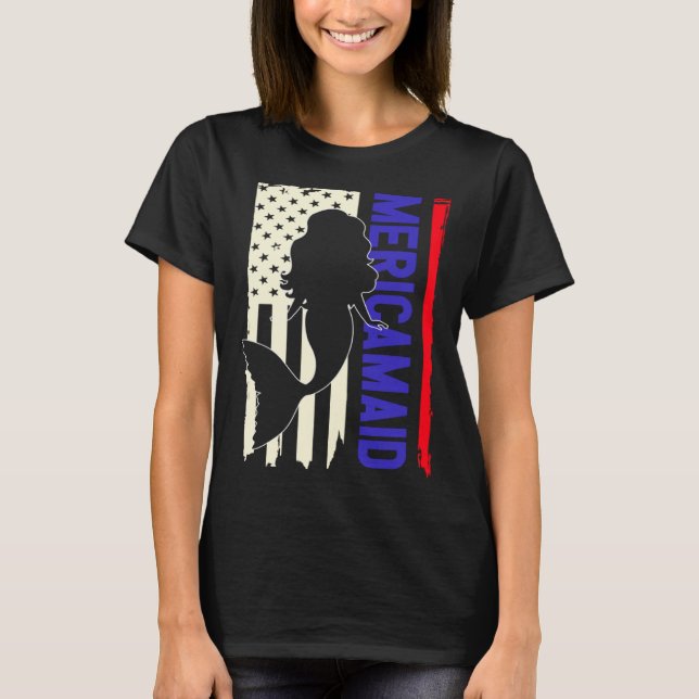 T-shirt Girls 4th Of July American Flag USA Kids Mermaid M (Devant)