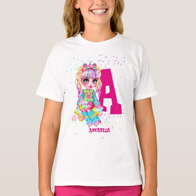 T-shirt Girls Cute Unicorn Personnalisé Nommé Monogramme (Devant)