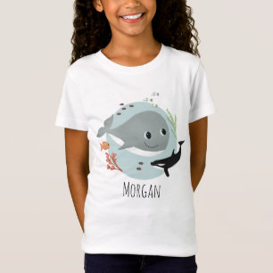 T-Shirt Girls mignonne et moderne Blue Ocean Whale and Fis