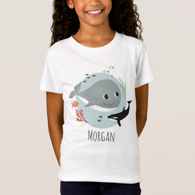 T-Shirt Girls mignonne et moderne Blue Ocean Whale and Fis (Devant)