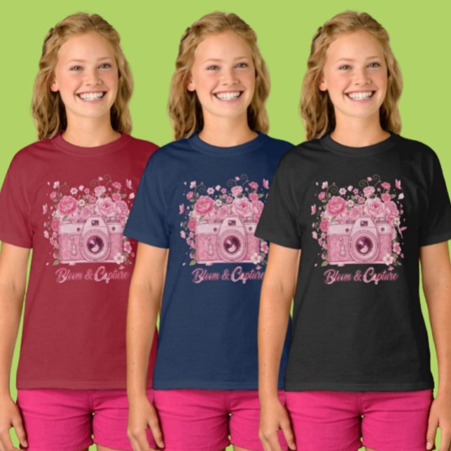 T-shirt Girls Pink Floral Camera Photo Clothing Item (Créateur téléchargé)