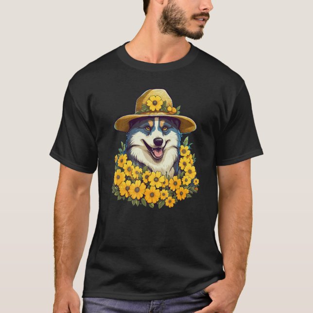 T-shirt Girls Women Mom Siberian Husky Dog Sunflower Puppy (Devant)