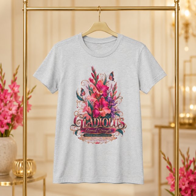 T-shirt Glaïeul Force Éternelle Fleur de Naissance Août (Grey Gladiolus tee—timeless strength, grace and floral elegance.
)