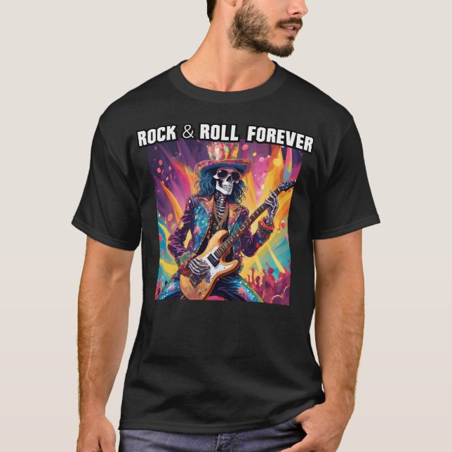 T-shirt Glam Rock Squelette Guitariste Rock Et Roll Foreve (Devant)