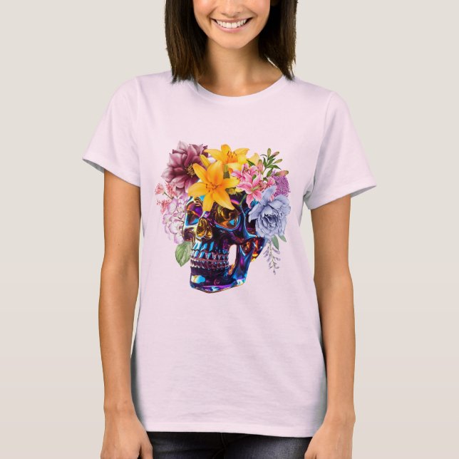 T-shirt Glass Skull with Spring Flowers   WOMEN'S T SHIRT (Devant)