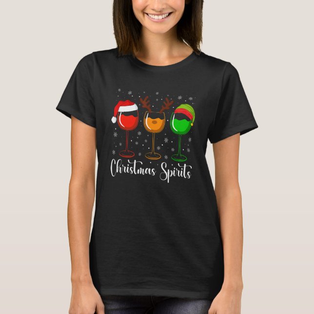 T-shirt Glasses Of Wine Christmas Spirits Xmas Lights Elf  (Devant)