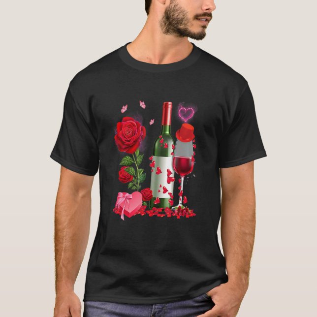 T-shirt Glasses Wine Rose Heart Funny Couple Valentines Da (Devant)