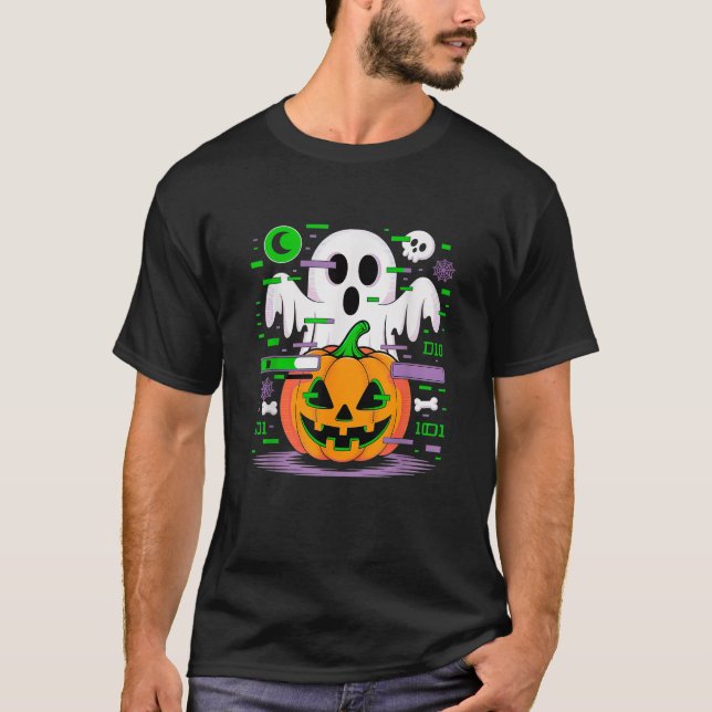 T-shirt Glitch Ghost Citrouille Code binaire Halloween Éff (Devant)