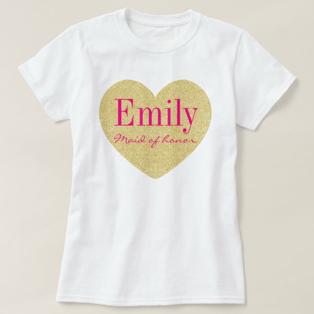 T-shirt Glitter Golden Heart Personalized Maid of honor (Design devant)