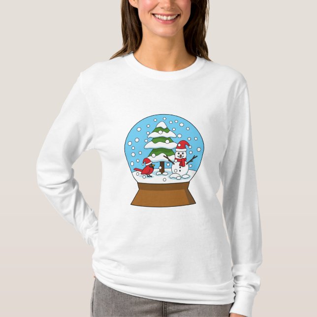 T-shirt Globe de neige avec le cardinal Snowman et Pine Tr (Devant)