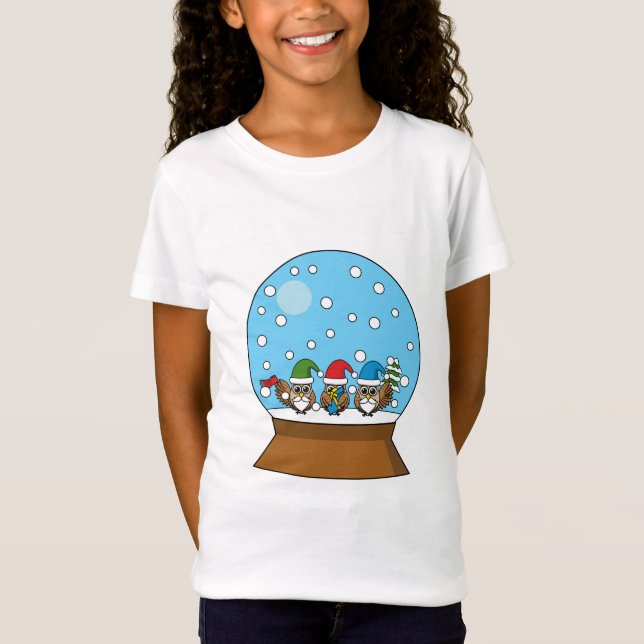 T-Shirt Globe des neiges avec trois Chouettes Gnomes (Devant)