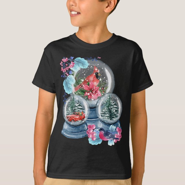 T-shirt Globe des neiges hiver Neige Rouge Cardinal Oiseau (Devant)