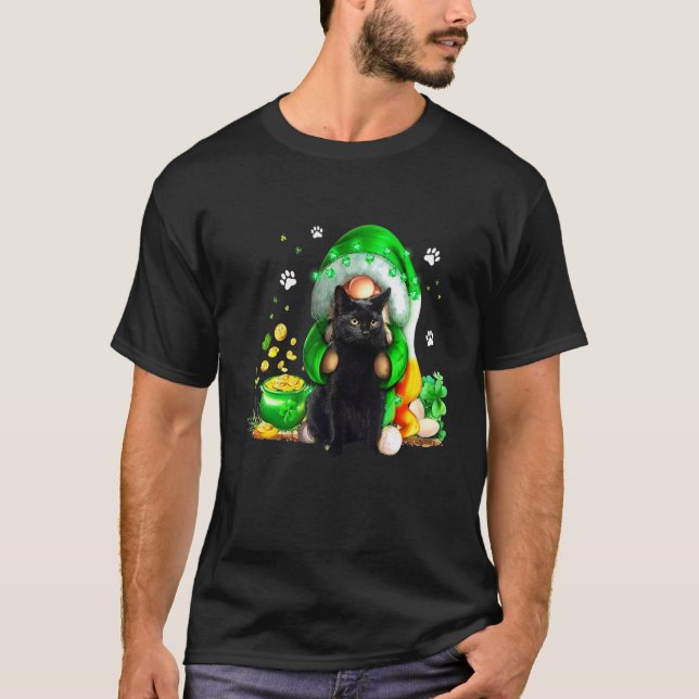 T-shirt Gnome Chat Noir Trèfle Saint Patrick Journee Kitte (Devant)
