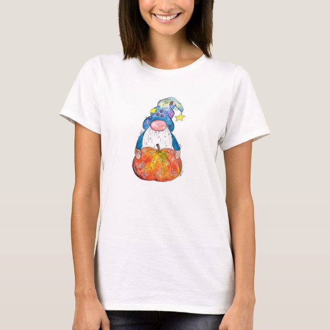 T-shirt Gnome d'automne blanc mignonne avec Citrouille (Devant)