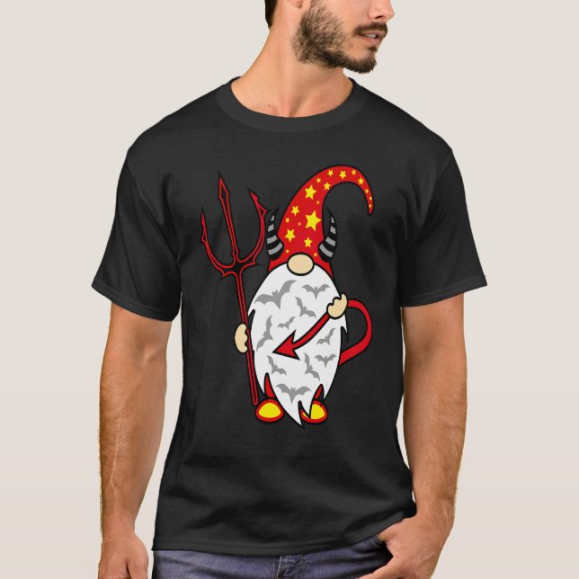 T-shirt Gnome de Halloween Diable avec Trident et Long Dia (Devant)