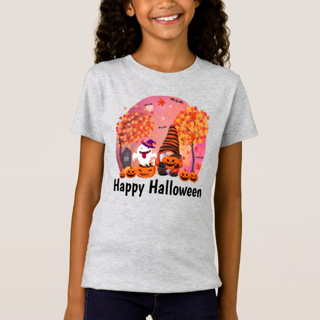 T-Shirt Gnome et fantôme d'Halloween mignonnes avec fille  (Devant)