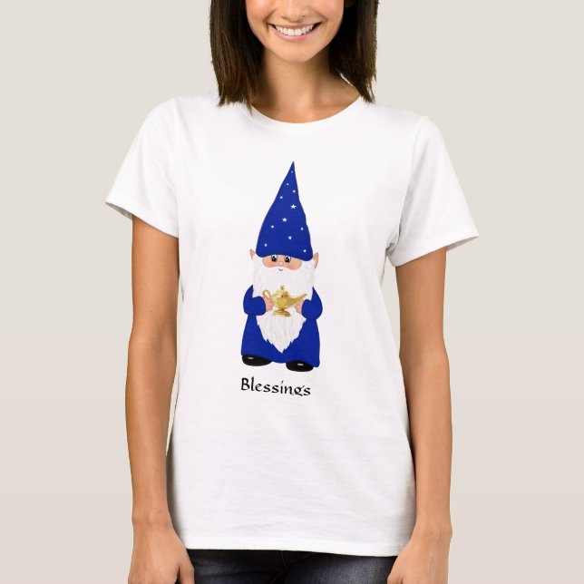 T-shirt Gnome Sage habillé en bleu avec Lampe (Devant)