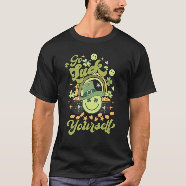 T-shirt Go Lucky YourSelf Retro Happy Face Pot Of Gold Pat (Devant)
