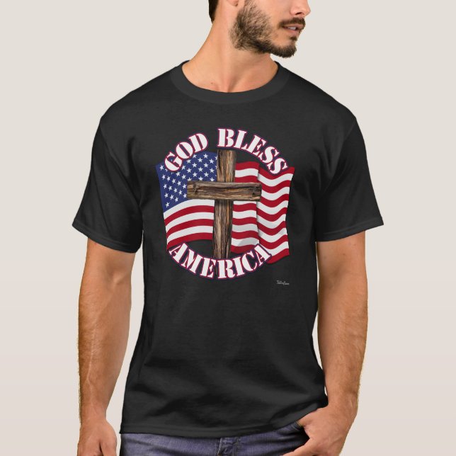 T-shirt God Bless American with USA Flag & Cross (Devant)