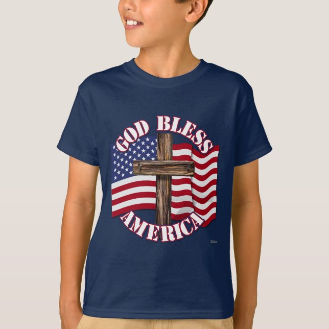 T-shirt God Bless American with USA Flag & Cross (Devant)