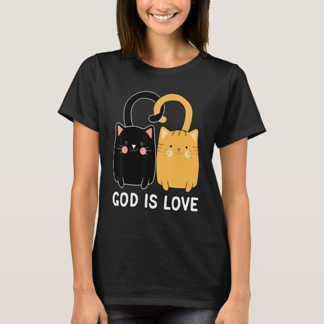 T-shirt God Is Love Christian Black Kitten Ginger Cat (Devant)