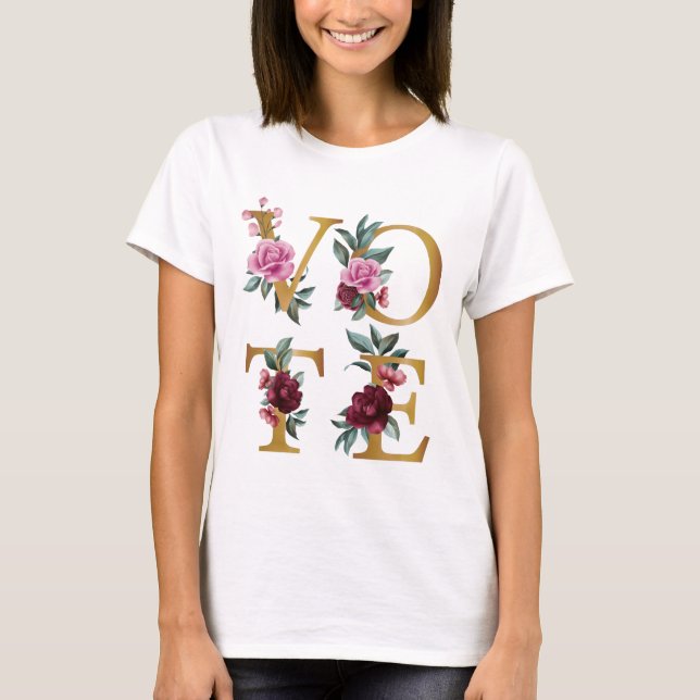 T-shirt Gold Burgundy Floral Élégante Feminine Go Vote (Devant)