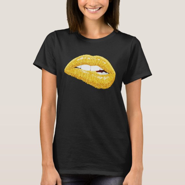 T-shirt Gold Lips Biting Lipstick Makeup (Devant)
