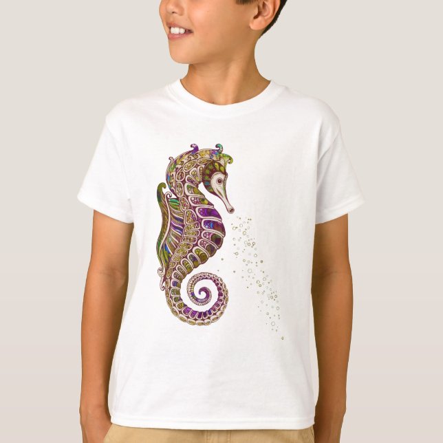 T-shirt Gold Summer Rainbow Seahorse Parties scintillant (Devant)