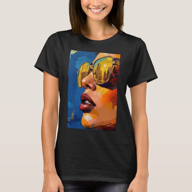 T-shirt Golden City Lights – Pop Art Woman with Sunglasses (Devant)