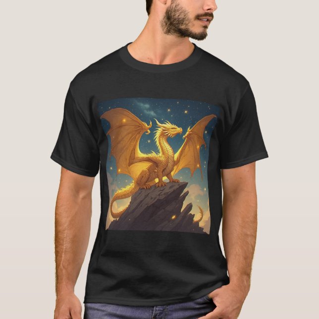 T-shirt Golden Dragon Perched on a Cliff Under Starry Sky (Devant)