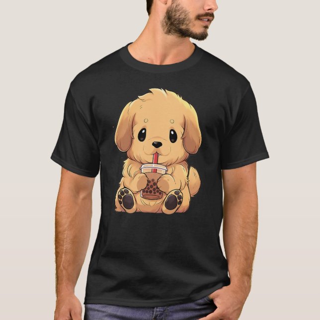 T-shirt Golden Retriever Boba Tea Bubble Tea Anime Kawaii  (Devant)