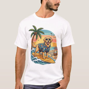 T-shirt Golden Retriever Chien Surfant Planche de Surf Cou