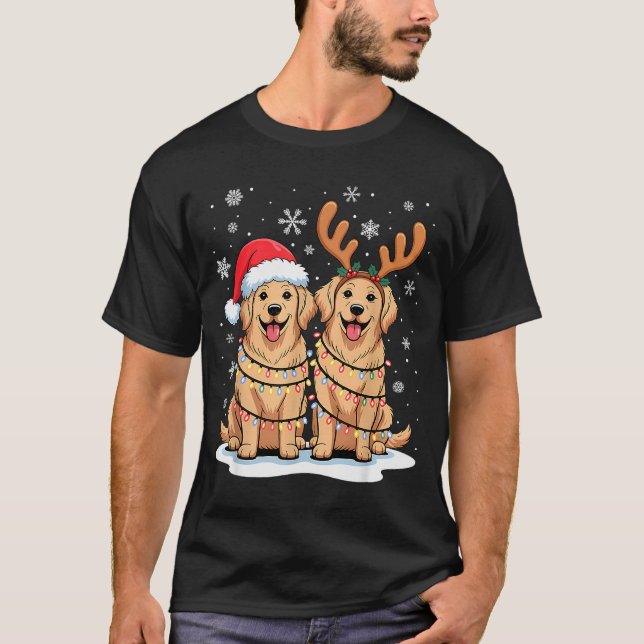 T-shirt Golden Retriever Christmas Santa Hat Reindeer Ligh (Devant)