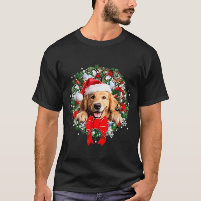 T-shirt Golden Retriever Christmas Wreath Decoration Xmas  (Devant)