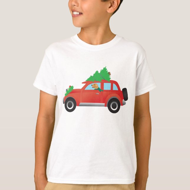 T-shirt Golden Retriever Conduite voiture avec arbre de No (Devant)