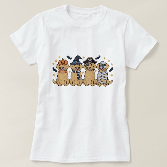 T-shirt Golden Retriever Halloween Broderie Quatre mignons (Design devant)
