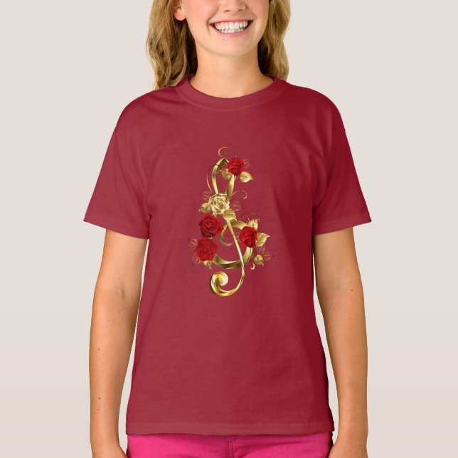 T-shirt Golden Treble Clef avec fleurs Roses (Devant)