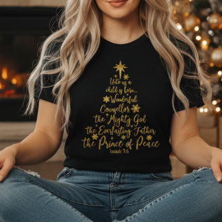 T-shirt Golden “Unto Us A Child Is Born” Christmas Tree