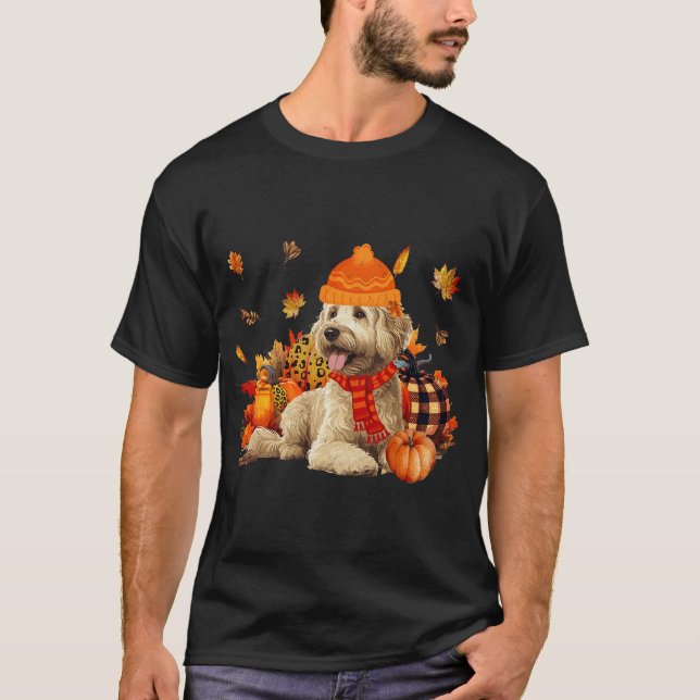 T-shirt Goldendoodle Chien Automne Écharpe Léopard Citroui (Devant)