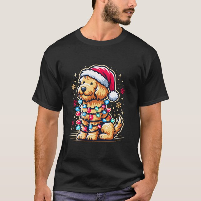 T-shirt Goldendoodle Noël Arbre Lumières Père Noël Gold (Devant)