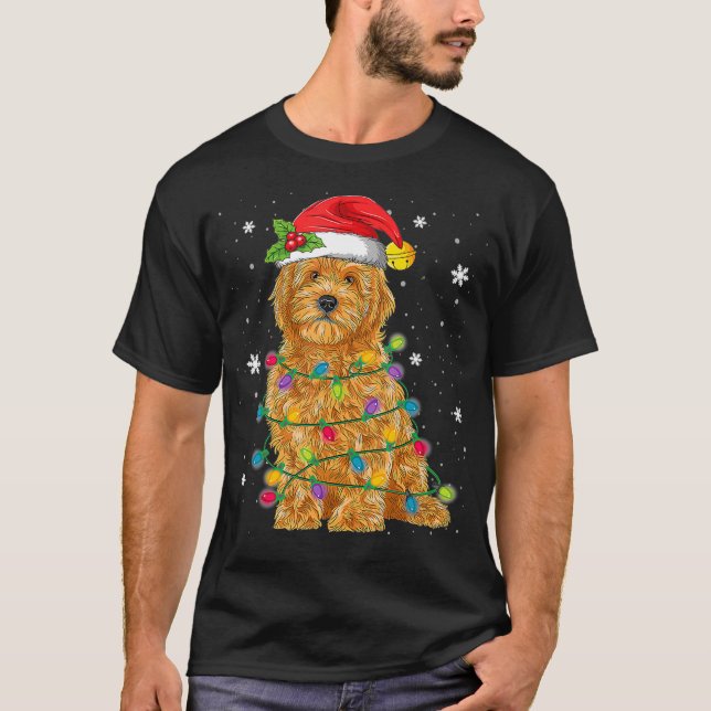 T-shirt Goldendoodle Noël Santa Hat Fairy Lumières (Devant)