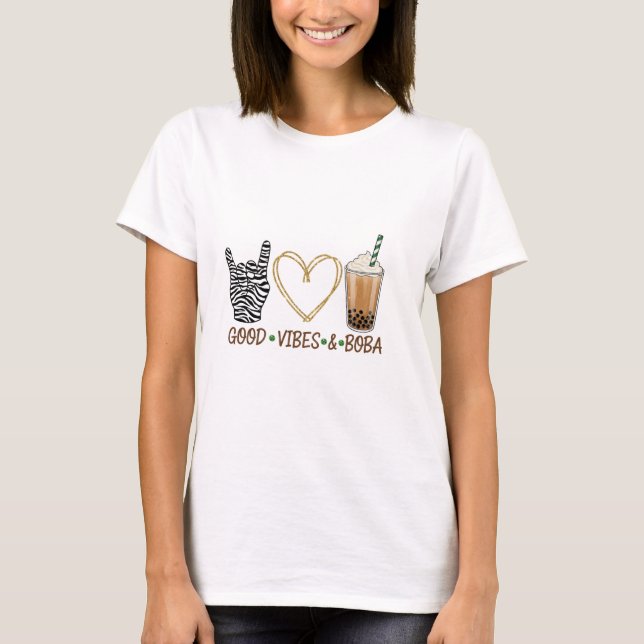 T-shirt Good Vibes & Boba Tea Rock Hand Glitter Heart  (Devant)