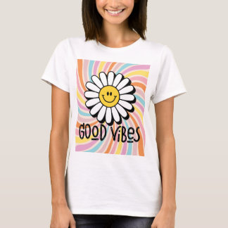 T-shirt Good Vibes com Flor Sorridente Estampa Psicodélico