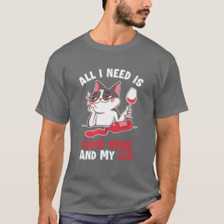 T-shirt Good Wine and my Cat Chat Maman Amoureux de les ch