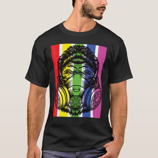 T-shirt Gorilla avec masque à gaz Rainbow Spritz Graffiti (Devant)