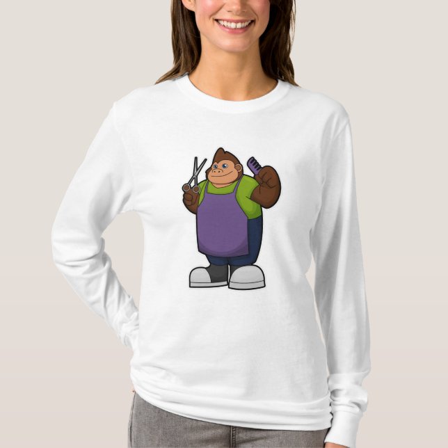 T-shirt Gorilla comme coiffeur avec ciseaux et peigne (Devant)