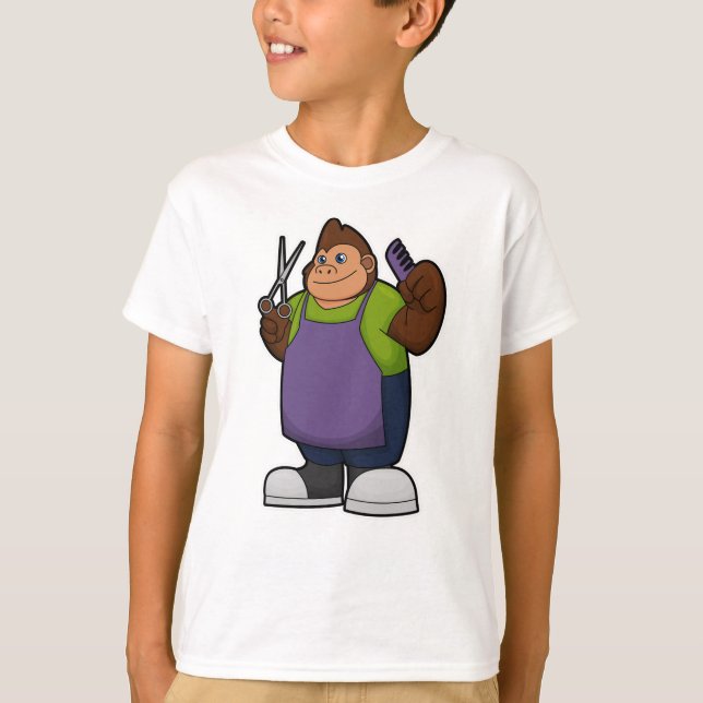 T-shirt Gorilla comme coiffeur avec ciseaux et peigne (Devant)