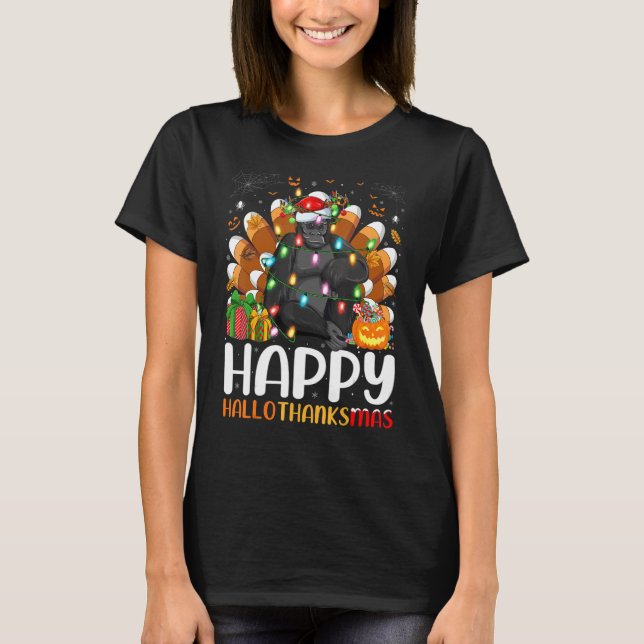 T-shirt Gorilla Halloween Noël Joyeux Hallothanksmas (Devant)